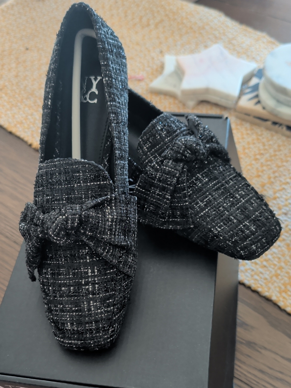 New York & Company Black Tweed Bow Loafers